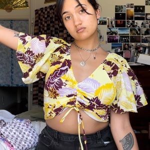 anthropologie yellow/purple floral drawstring crop top!